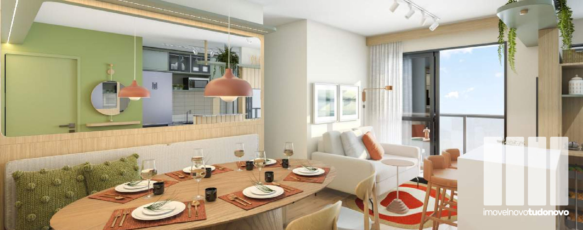 Sala integrada a cozinha e varanda