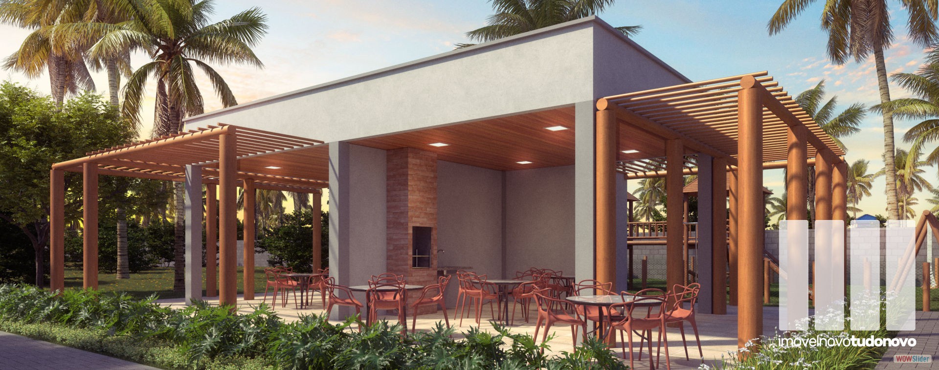 Quiosques com churrasqueira e pergolados