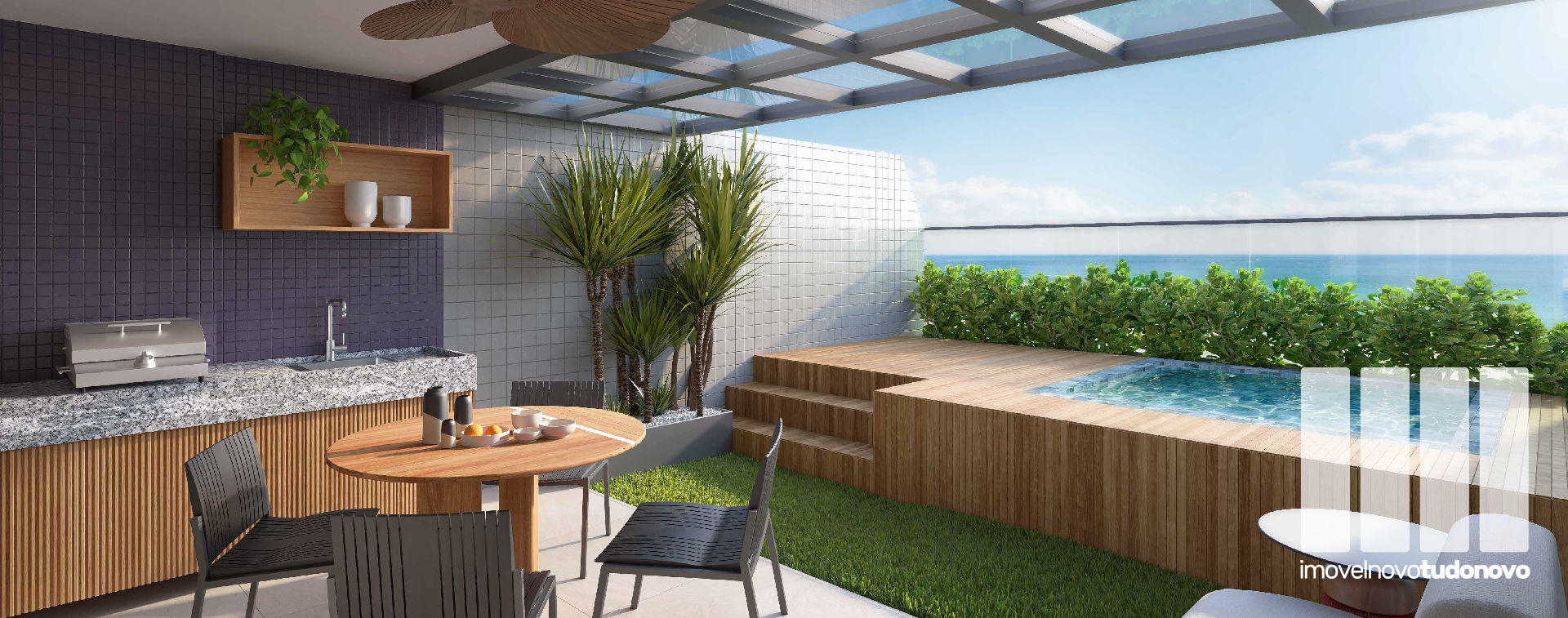 Quarto e sala garden com piscina